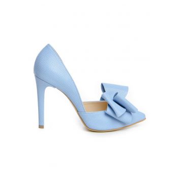 Pantofi stiletto piele naturala Bleu cu funda
