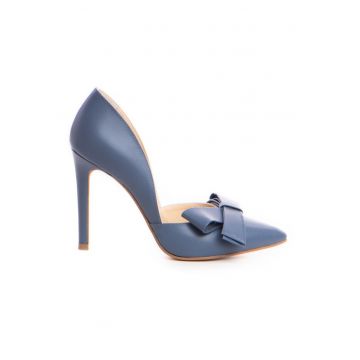 Pantofi stiletto piele naturala Bleu Jeans cu funda