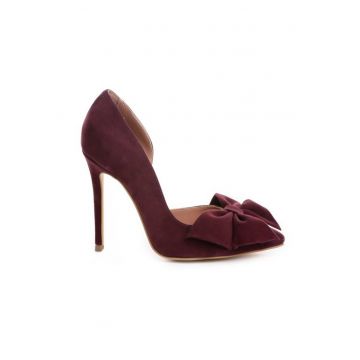 Pantofi stiletto piele naturala Burgundy cu funda Cut