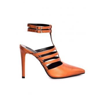 Pantofi stiletto piele naturala Caramiziu Multi Strap
