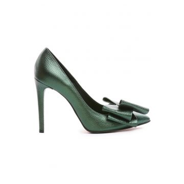 Pantofi stiletto piele naturala Green cu funda - Marimea