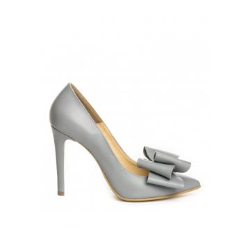Pantofi stiletto piele naturala Gri cu funda