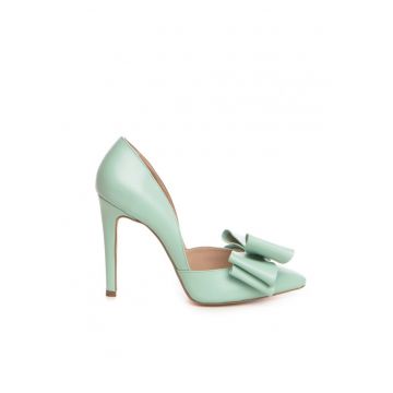 Pantofi stiletto piele naturala Menta cu funda