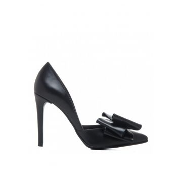 Pantofi stiletto piele naturala Negru cu funda