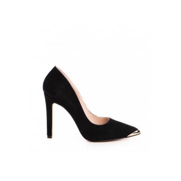 Pantofi stiletto piele naturala Negru Gold