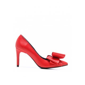 Pantofi stiletto piele naturala Simple Rosu cu funda