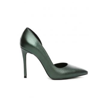 Pantofi stiletto piele naturala Verde Metallic Cut