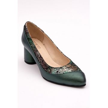 Pantofi din piele cu toc masiv - Verde feriga