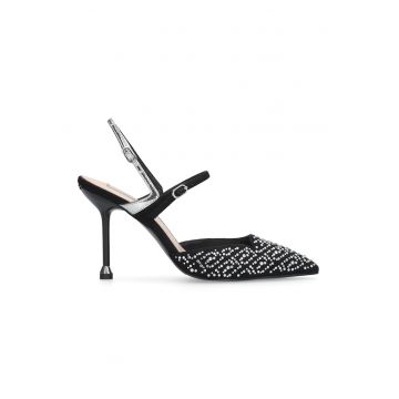 Pantofi din piele ecologica cu varf ascutit - Negru/Argintiu