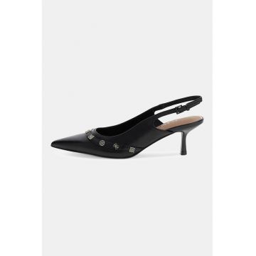 Pantofi slingback din piele cu varf ascutit si garnituri din piele ecologica - Negru