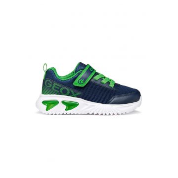 Pantofi sport din piele ecologica cu garnituri din material textil si lumini led - Verde lime/Bleumarin