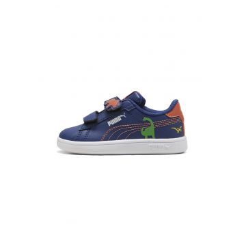 Pantofi sport Smash 3.0 Dino de piele ecologica cu velcro - Portocaliu mandarina/Bleumarin