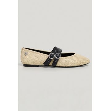 Balerini de paie Mary Jane - Negru/Bej deschis