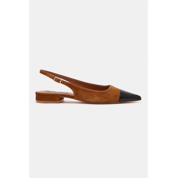 Pantofi slingback de piele intoarsa cu garnitura contrastanta de piele - Negru/Maro scortisoara
