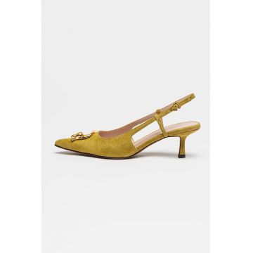 Pantofi slingback din piele intoarsa cu toc kitten - Verde masliniu
