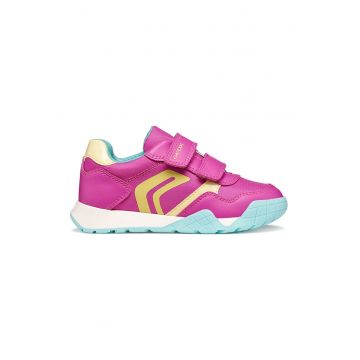 Pantofi sport din piele ecologica cu insertie din material textil si velcro - Galben/Fucsia