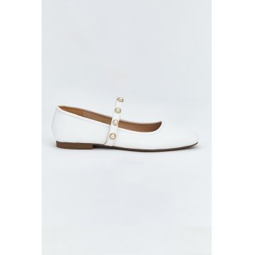 Balerini Mary Jane cu varf patrat si aplicatii decorative - Alb