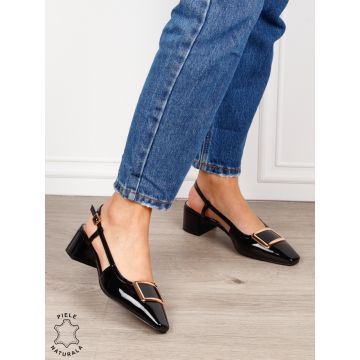 Pantofi dama eleganti din piele naturala cu toc gros mic CRL1615 Negru