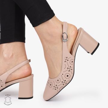 PANTOFI ELEGANTI dama din Piele Naturala CU TOC GROS SI MODEL PERFORAT CRL0995 ROZ