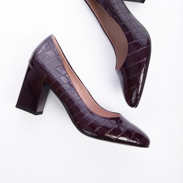 Pantofi Eleganti din Piele Ecologica cu model si toc Gros CRL0725 Bordo