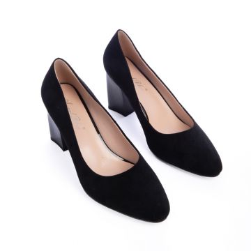 Pantofi Eleganti din Piele Ecologica cu model si toc Gros CRL0725 negru suede