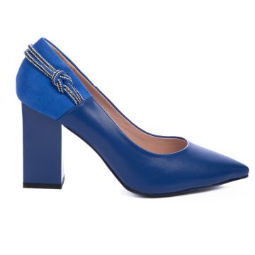 Pantofi Eleganti din Piele Ecologica cu toc Gros CRL0730 albastru