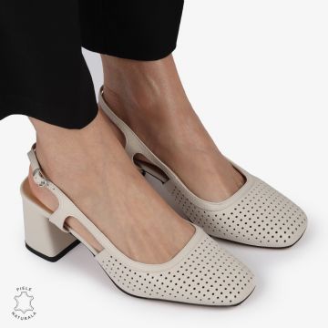 PANTOFI ELEGANTI DIN PIELE NATURALA CU TOC GROS CRL01385 BEJ