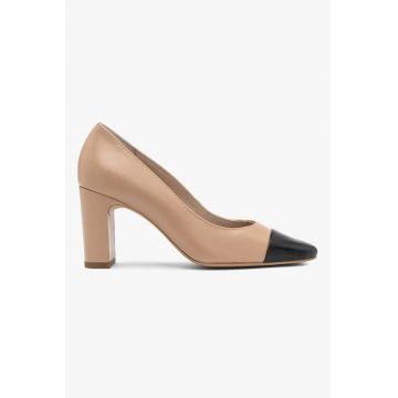 Pantofi de piele cu toc masiv Evelyn - Negru/Maro camel