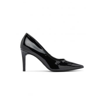 Pantofi de piele ecologica lacuita cu varf ascutit - Negru