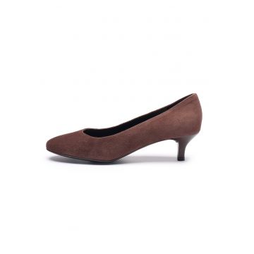 Pantofi din piele intoarsa cu toc kitten - Maro inchis