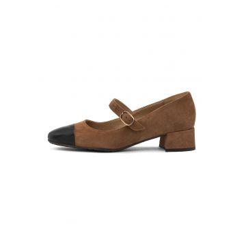 Pantofi Mary Jane din piele cu varf rotund - Maro inchis/Maro camel