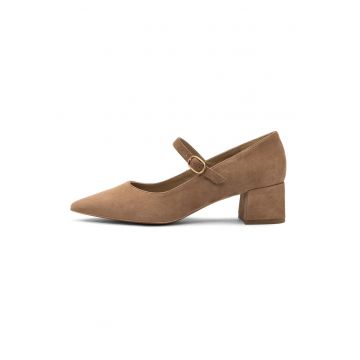 Pantofi Mary Jane din piele intoarsa si varf ascutit - Maro camel