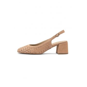 Pantofi slingback din piele intoarsa cu toc masiv - Piersica