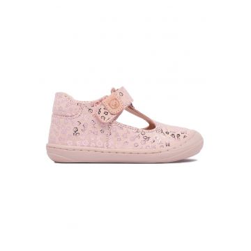 Pantofi copii -  piele naturala - roz - inchidere velcro - model floral