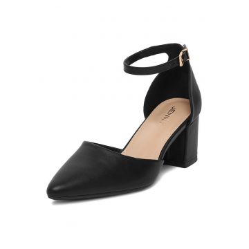 Pantofi dama -  piele ecologica - negru - toc gros - design modern