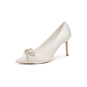 Pantofi dama -  stiletto - alb - textil - decoratiuni cu margele si zirconiu