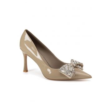 Pantofi dama -  stiletto - piele naturala - model cu fundita - bej