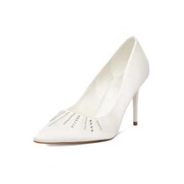 Pantofi dama -  stiletto - zirconii - alb - textil - Alb