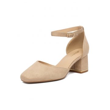 Pantofi dama -  textil - bej - tocul stabil tip bloc