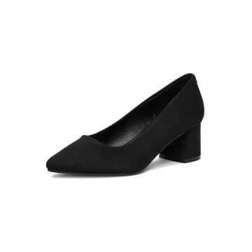 Pantofi dama -  textil - negru - toc bloc - varf ascutit