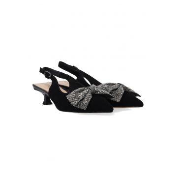 Pantofi din piele cu toc kitten si funda decorativa