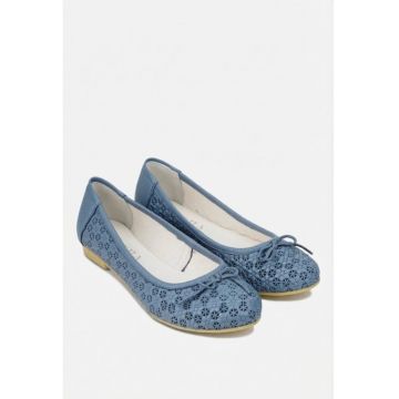 Balerini dama bleu din piele cu model si funda