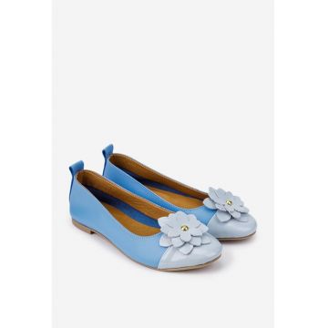 Balerini dama  bleu din piele naturala cu floare