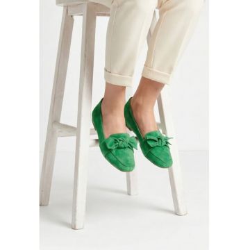 Balerini dama din piele intoarsa verde cu funda