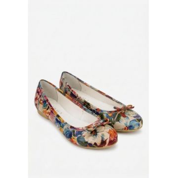 Balerini dama multicolori din piele cu model floral si funda