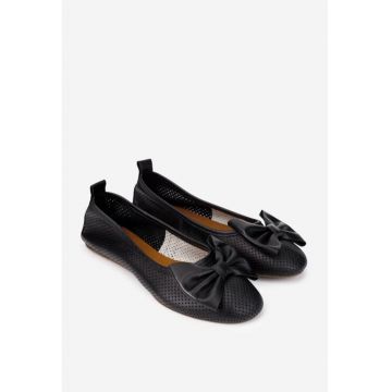 Balerini dama negre din piele perforata cu funda