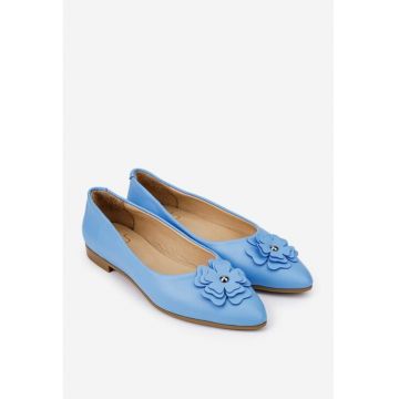 Balerini dama NUR din piele naturala bleu cu floare