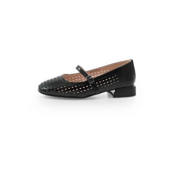 Balerini din piele cu aspect perforat - Negru