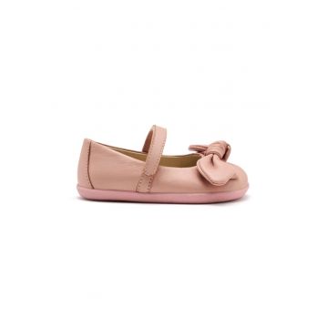 Balerini din piele cu inchidere velcro si model cu funda - Roz