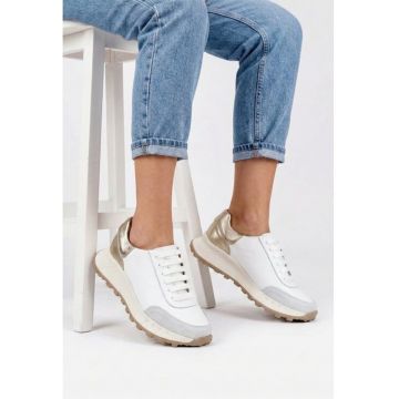 Pantofi dama albi cu auriu si gri din piele naturala